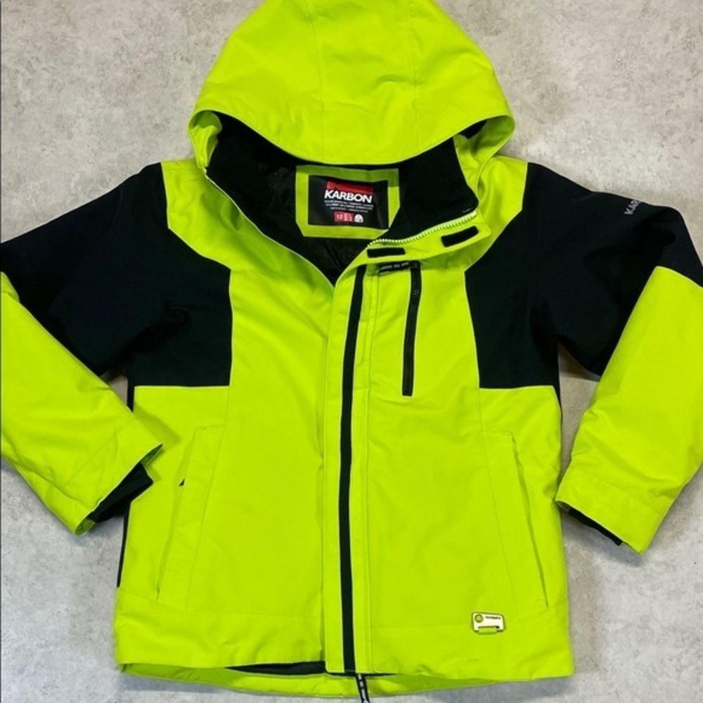 Kar on Kids Ski Jacket Neon Green Black Waterproof Hooded Size 12